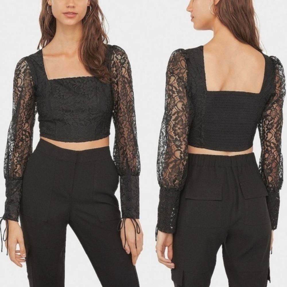 Express TBlack Lace Long Sleeve Smocked Crop Top M Romantic Festival
